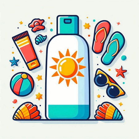 Vector illustration of sunscreen bottle, sunglasses, flip flops and seashells.のイラスト素材
