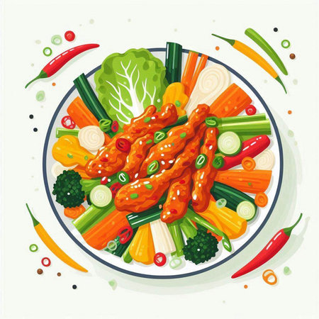 Vector illustration of a plate with chicken wings, vegetables and greens.のイラスト素材