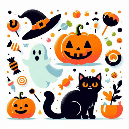Halloween vector illustration with black cat, ghost, pumpkin, candies, witch hat, candy.のイラスト素材