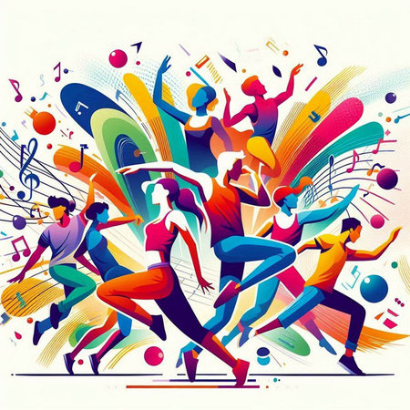 Group of dancing people and music notes. Colorful vector illustration.のイラスト素材