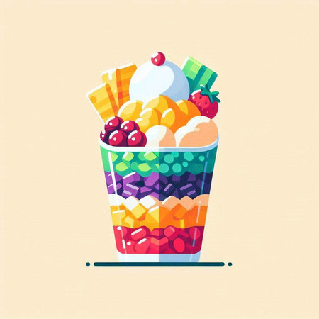 Colorful ice cream in a glass with fruits. Vector illustration.のイラスト素材