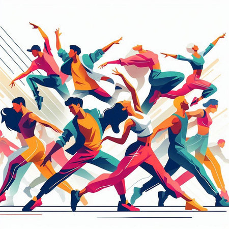 Group of young people running in the city. Sport vector illustration.のイラスト素材