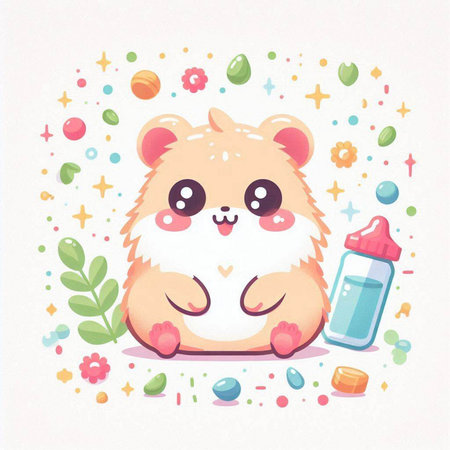 Cute hamster with a bottle of milk. Vector illustration.のイラスト素材