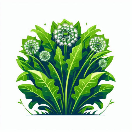 Background with dandelions and green leaves. Vector Illustration.のイラスト素材
