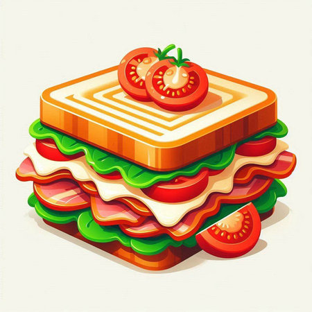 Sandwich with ham, cheese, tomato and lettuce. Vector illustration.のイラスト素材