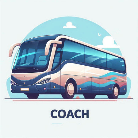 Vector illustration of a bus in a flat style on a blue background.のイラスト素材
