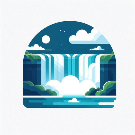 Waterfall in flat style. Vector illustration with waterfalls and clouds.のイラスト素材