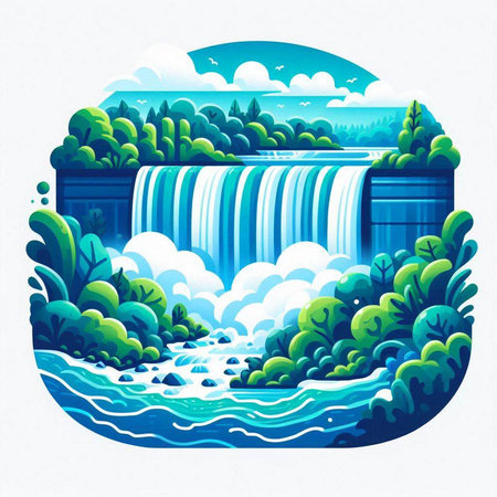 Illustration of a waterfalls in the forest. Vector illustration.のイラスト素材