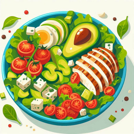 Salad with avocado, feta cheese, tomato, cucumber and lettuce. Vector illustration.のイラスト素材
