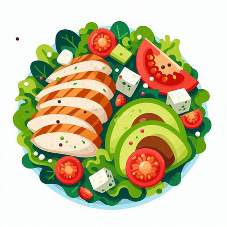 Salad with chicken, avocado, tomatoes and mozzarella. Vector illustration.のイラスト素材
