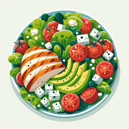 Salad with salmon, avocado and mozzarella. Vector illustration.のイラスト素材