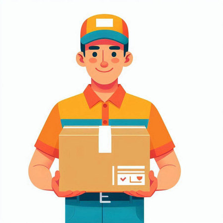 Smiling delivery man holding a box, isolated on white background.のイラスト素材