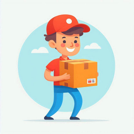 Courier holding cardboard box. Delivery service concept. Vector illustrationのイラスト素材