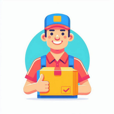 Smiling delivery man with parcel box and thumbs up. Vector illustration.のイラスト素材