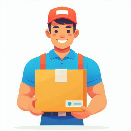 Smiling delivery man in uniform holding parcel box. Vector illustration.のイラスト素材