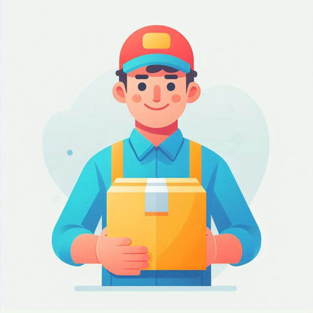 Delivery boy with parcel box. Vector illustration in a flat style.のイラスト素材