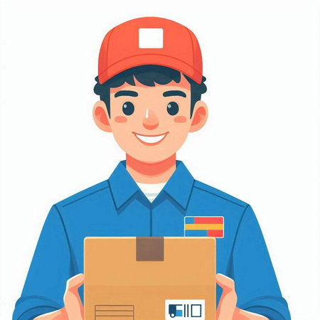 Smiling delivery man in uniform holding parcel box. Vector illustration.のイラスト素材
