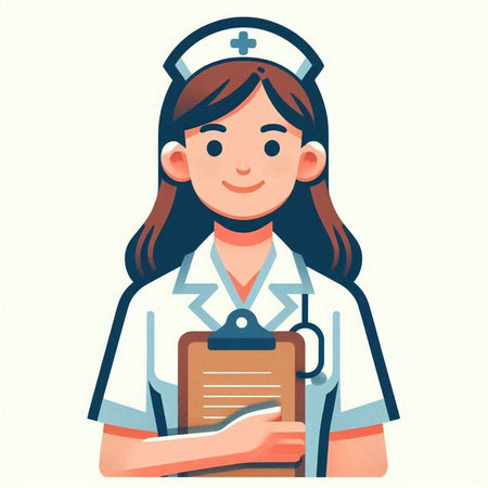Nurse holding clipboard and smiling. Vector illustration in cartoon style.のイラスト素材