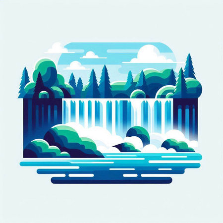 Waterfall in the forest. Vector illustration in flat design style.のイラスト素材