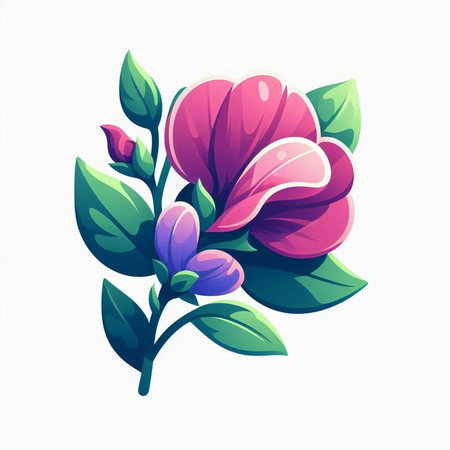 Illustration of a beautiful pink flower with green leaves on a white backgroundのイラスト素材