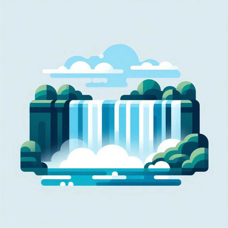 Waterfall in flat style with clouds and trees. Vector illustration.のイラスト素材
