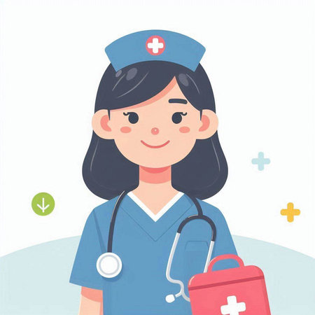 Nurse with stethoscope and first aid kit. Vector illustration.のイラスト素材