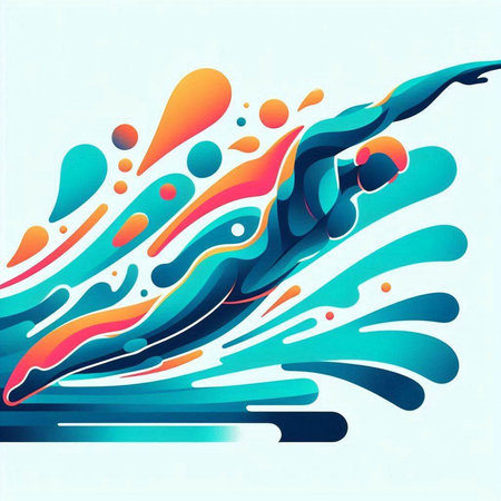 Vector illustration of a man swimming in a pool with colorful splashesのイラスト素材