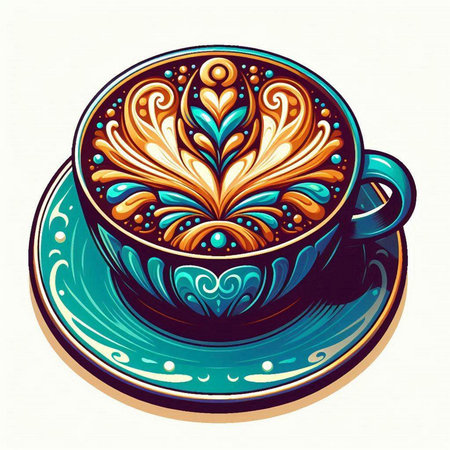 Cup of coffee with beautiful pattern on the saucer. Vector illustration.のイラスト素材