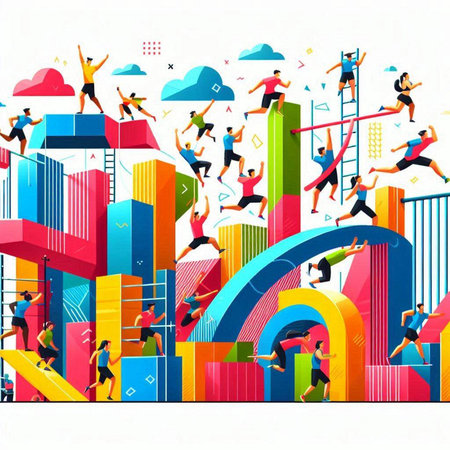 Vector illustration of business people running and jumping over colorful bar graph.のイラスト素材
