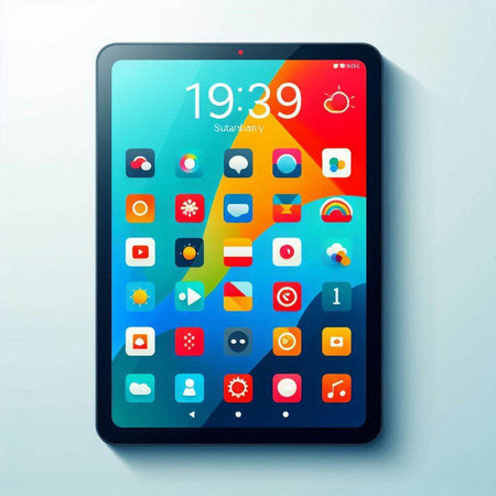 Tablet PC with colorful application icons on blue background. Vector illustration.のイラスト素材