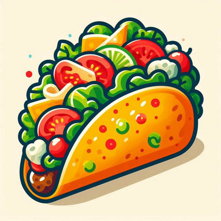 Taco with vegetables. Vector illustration of mexican food.のイラスト素材