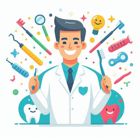 Dentist man cartoon character with dental tools vector illustration. Dental clinic, dentistry, stomatology concept.のイラスト素材