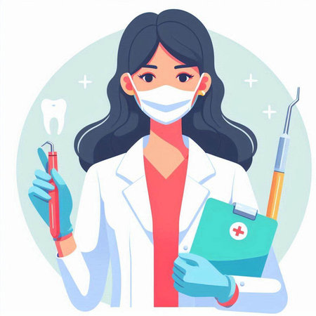 Female dentist with tools. Vector illustration in cartoon style on white background.のイラスト素材