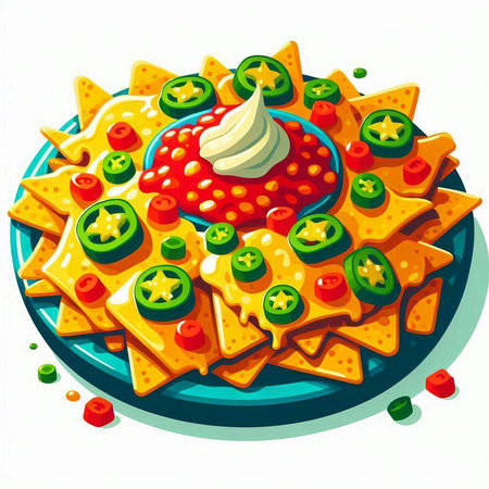 Illustration of a plate of nachos with tomato sauce and cheeseのイラスト素材