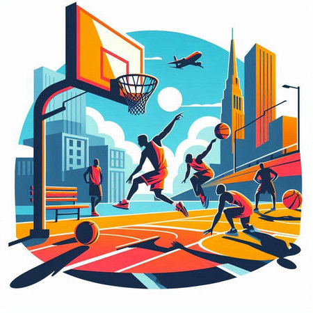 Basketball players in the city. Vector illustration of a basketball game.のイラスト素材