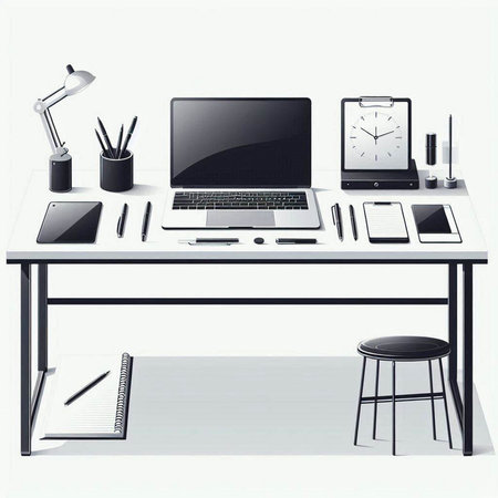 Modern workplace with laptop, tablet, smartphone and stationery on white backgroundのイラスト素材