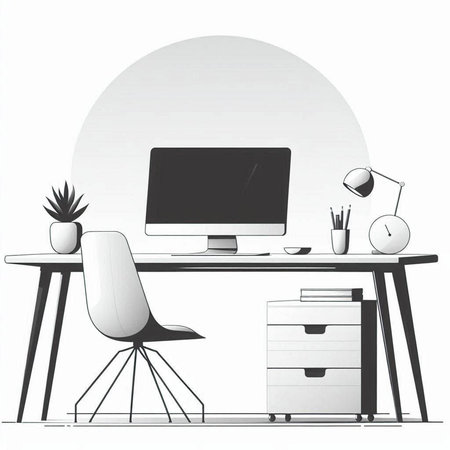 Illustration of a desk with a computer, a lamp and a plantのイラスト素材