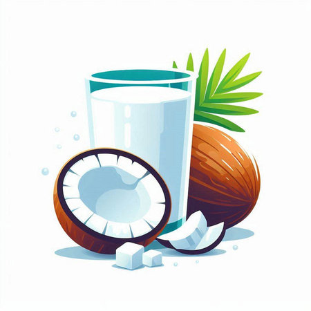 Coconut milk in a glass and whole coconut. Vector illustration.のイラスト素材