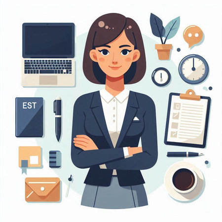 Young business woman in office. Vector illustration in flat cartoon style.のイラスト素材