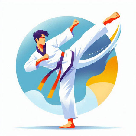 Taekwondo vector illustration. Cartoon taekwondo fighterのイラスト素材
