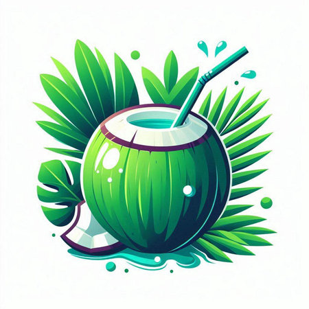 Coconut cocktail with straw and green leaves. Vector illustration.のイラスト素材