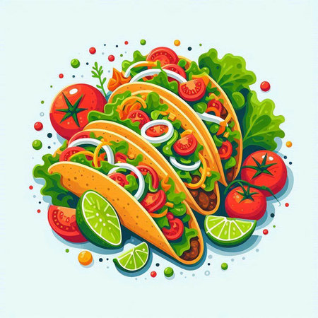 Mexican tacos with meat, vegetables and lime. Vector illustration.のイラスト素材