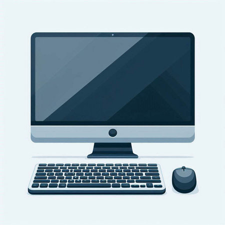 Computer monitor with keyboard and mouse on white background. Vector illustration.のイラスト素材