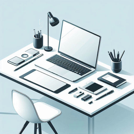 Office workplace with laptop, tablet, smartphone and other objects. Vector illustration.のイラスト素材
