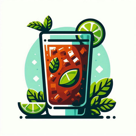 Mojito cocktail with lime and mint. Vector illustration in flat style.のイラスト素材