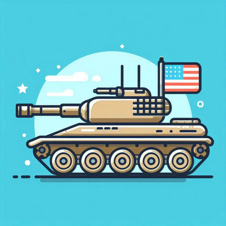 Tank with American flag on blue background. Line art vector illustration.のイラスト素材