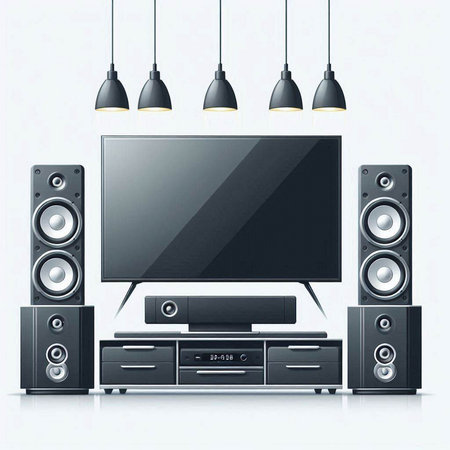 Home theater system with speakers and TV on white background. Vector illustration.のイラスト素材