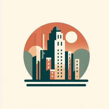 Modern city buildings in retro style. Cityscape. Vector illustration.のイラスト素材