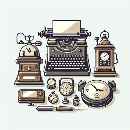Retro style illustration of an old typewriter, alarm clock and other objectsのイラスト素材