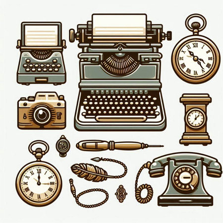 Vintage typewriter and clock icons. Vector set of hand-drawn illustrations.のイラスト素材